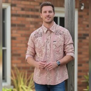 Southern Thread Casual Snap Buttons Long Sleeve Shirt Man's Size XL Pink